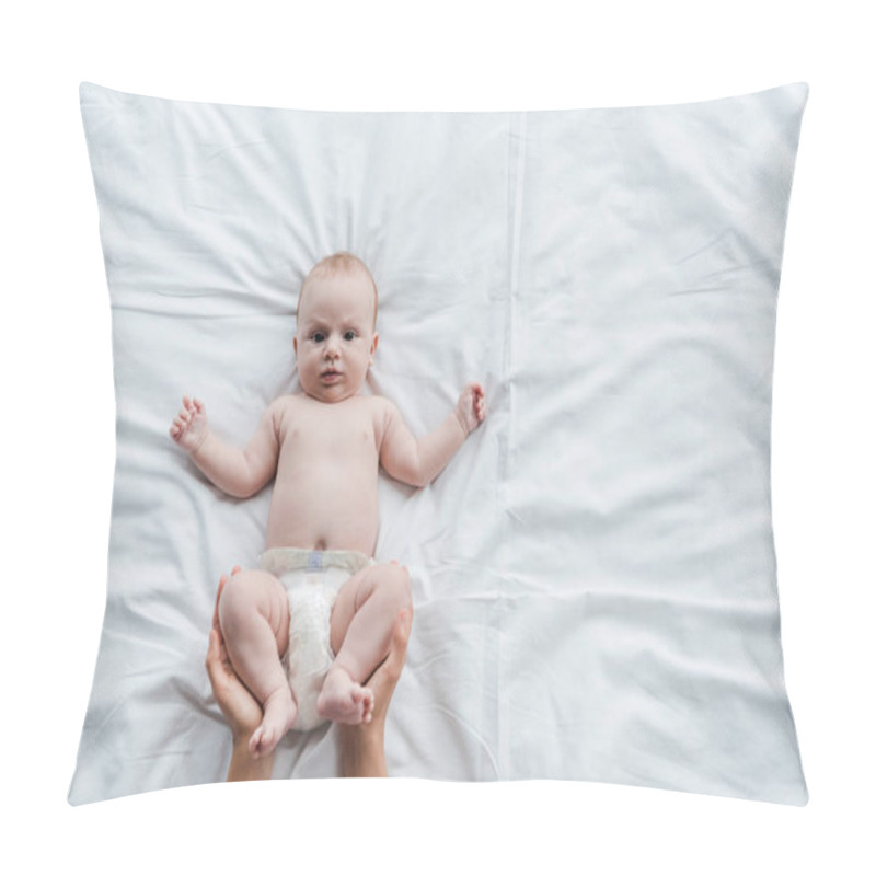 Personality  Cropped View Of Mother Touching Legs Of Adorable Baby Daughter In Diaper  Pillow Covers