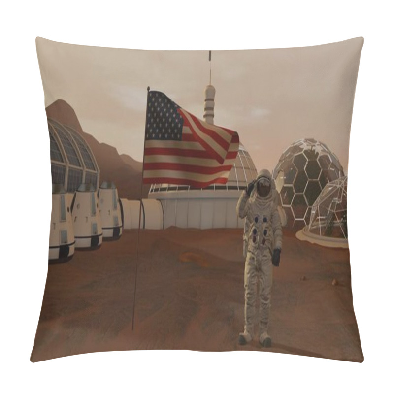 Personality  3D Rendering. Colony On Mars. Astronaut Saluting The American Flag. Exploring Mission To Mars. Futuristic Colonization And Space Exploration Concept. Pillow Covers