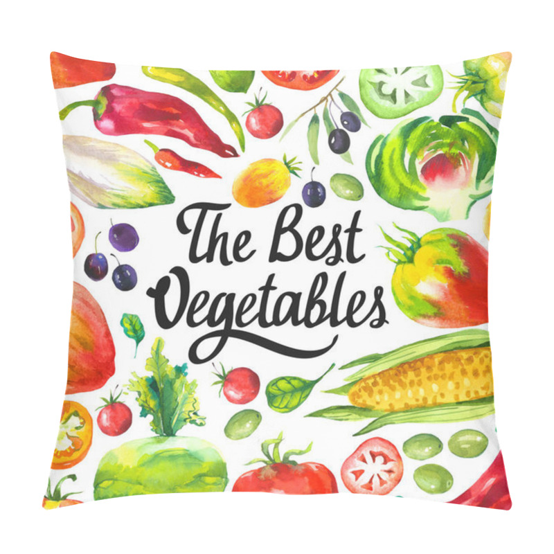 Personality  Watercolor Illustration With Round Composition Of Farm Products. Vegetables Set: Artichokes, Tomato, Olives, Cauliflower, Chicory, Corn, Tomato, Spinach, Peppers. Fresh Organic Food. Pillow Covers