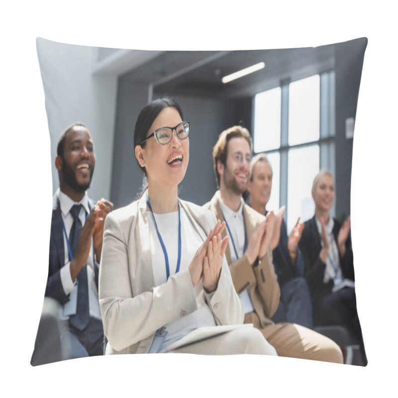 Personality  Asian Businesswoman Applauding During Seminar Near Blurred Interracial Colleagues Pillow Covers