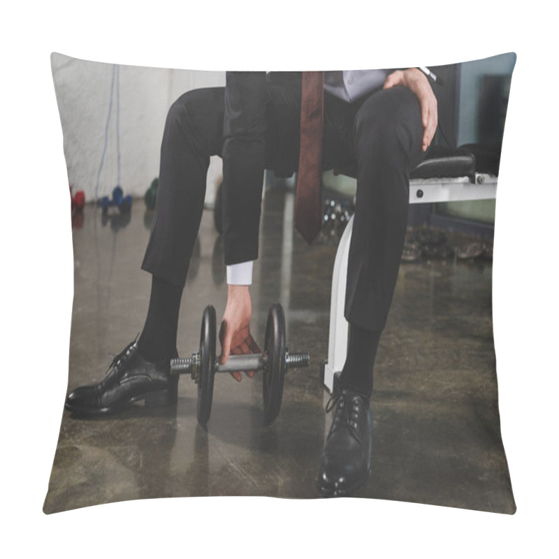 Personality  Cropped View Of Sporty Businessman In Suit Training With Dumbbell In Gym Pillow Covers