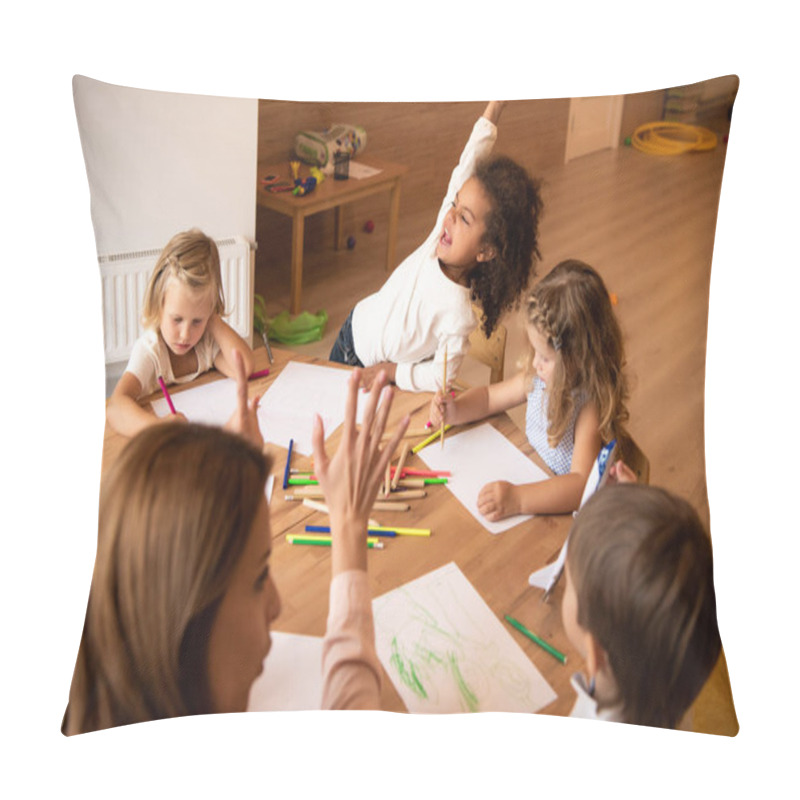 Personality  Educator Teaching Kids Counting And Showing Number With Fingers In Kindergarten, Happy African American Kid Showing Yes Gesture Pillow Covers