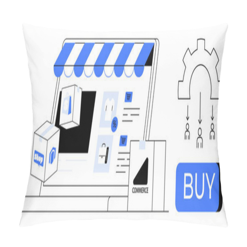 Personality  Online Shopping With Laptop Storefront, Delivery Boxes, A Cogwheel, And BUY Button. Ideal For E-commerce, Digital Marketing, Online Sales, Product Delivery, Retail, Customer Engagement, Web Design Pillow Covers