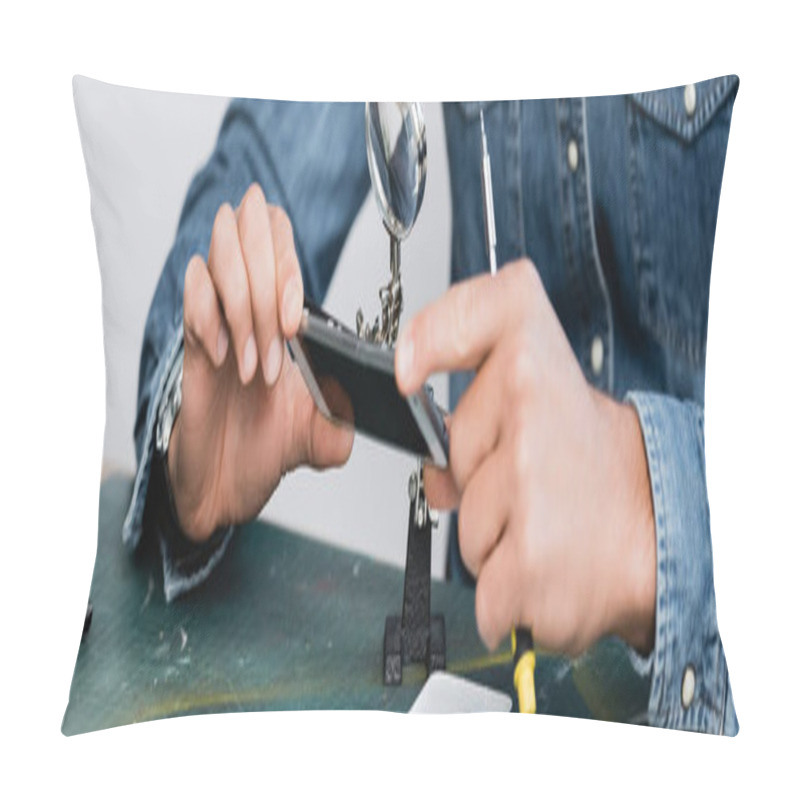 Personality  Cropped View Of Repairman Holding Disassembled Part Of Mobile Phone Near Magnifier At Workplace, Banner Pillow Covers