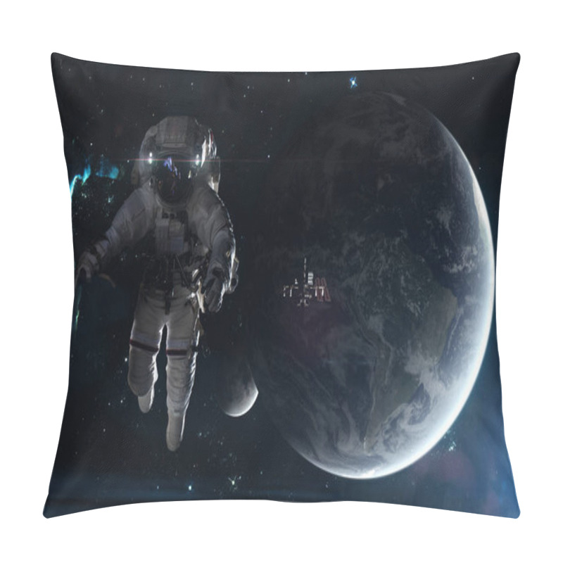 Personality  Astronaut And ISS On The Background Of Earth And Moon. Star Clusters, Nebula. Science Fiction Art. Elements Of The Image Were Furnished By NASA Pillow Covers