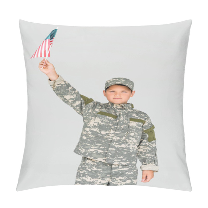 Personality  Portrait Of Little Boy In Camouflage Clothing Holding American Flagpole In Hand Isolated On Grey Pillow Covers