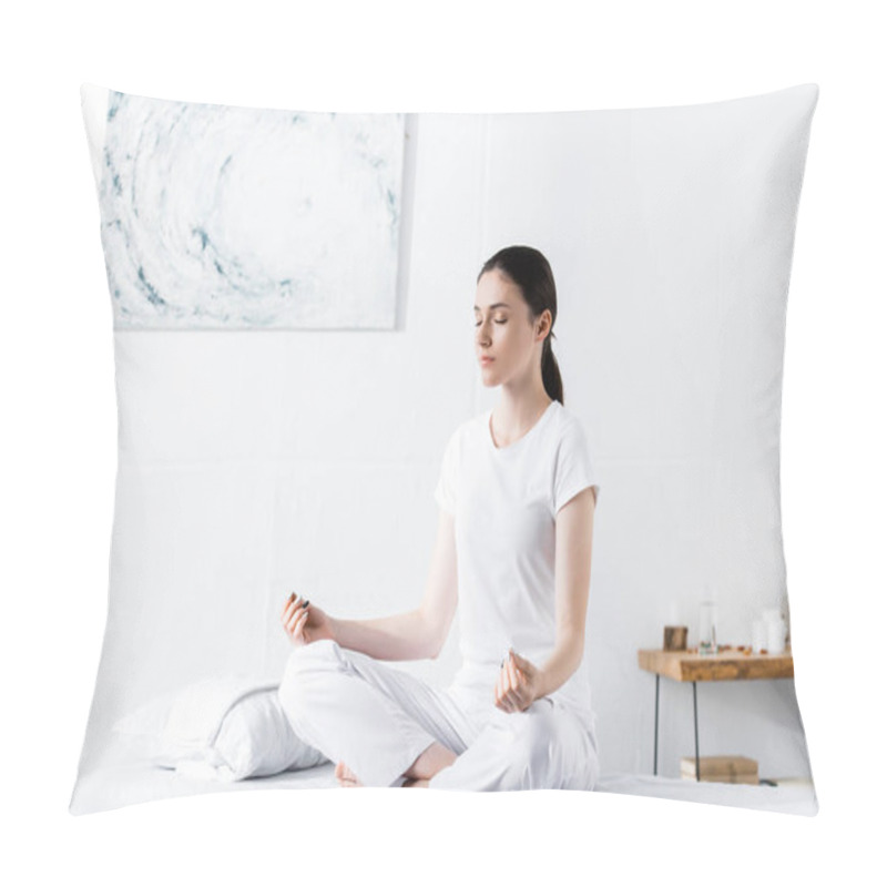 Personality  Woman Sitting On Massage Table In Lotus Pose With Closed Eyes Pillow Covers