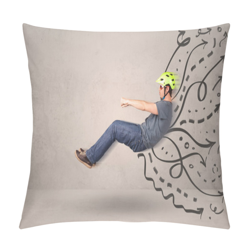 Personality  Funny Man Driving A Flying Vehicle With Hand Drawn Lines After H Pillow Covers