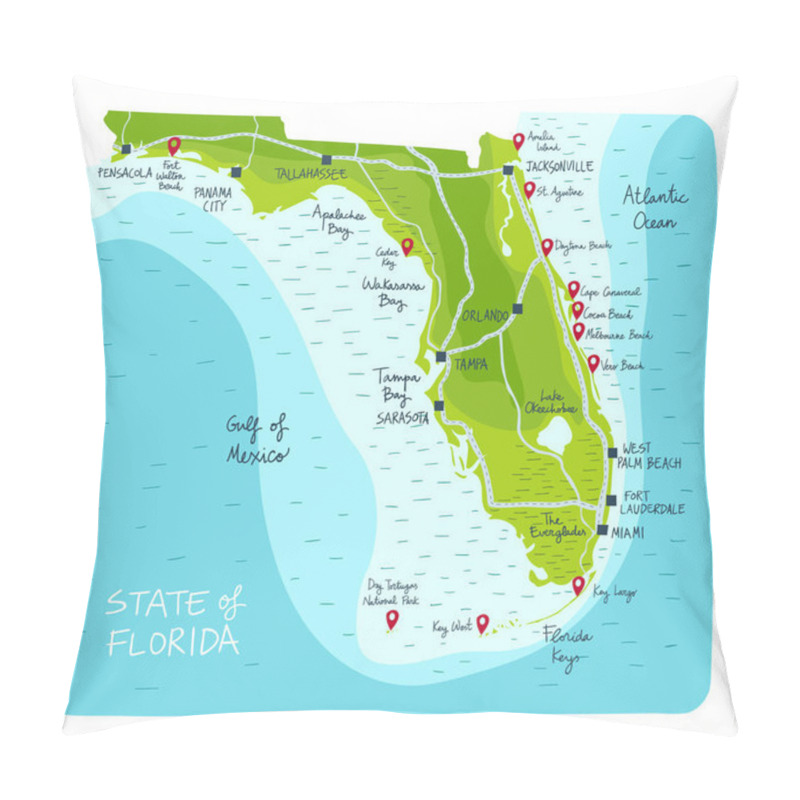 Personality  Hand Drawn Map Of The State Of Florida With Main Cities And Points Of Interest. Colorful Flat Style Pillow Covers