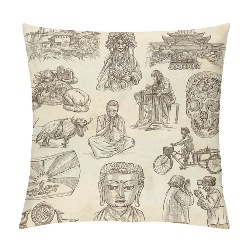 Personality  Tibet. Travel - Pictures Of Life. Hand Drawings. Pillow Covers