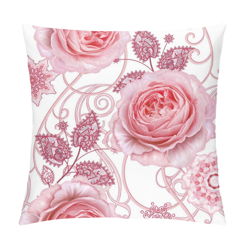 Personality  Seamless Pattern. Decorative Decoration, Paisley Element, Delicate Textured Leaves Made Of Fine Lace And Pearls. Jeweled Shiny Curls, Bud Pastel Pink Rose. Openwork Weaving Delicate. Pillow Covers