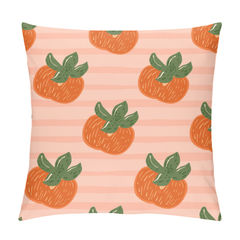 Personality  Tasty Food Seamless Fruit Pattern With Orange Persimmon Ornament. Pink Striped Background. Great For Fabric Design, Textile Print, Wrapping, Cover. Vector Illustration Pillow Covers