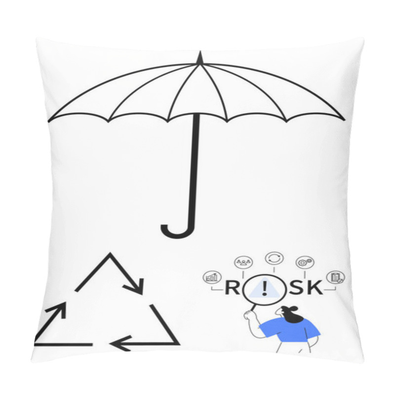 Personality  Black Umbrella, Triangular Recycling Arrows, Person Inspecting Risk Icons With Magnifier. Ideal For Environmental Protection, Sustainability, Insurance, Risk Management, Problem-solving Pillow Covers