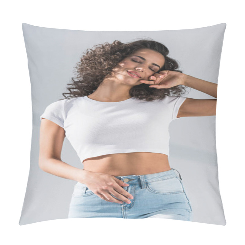 Personality  Wonderful Brunette Girl In Jeans Posing With Closed Eyes On Grey Background Pillow Covers