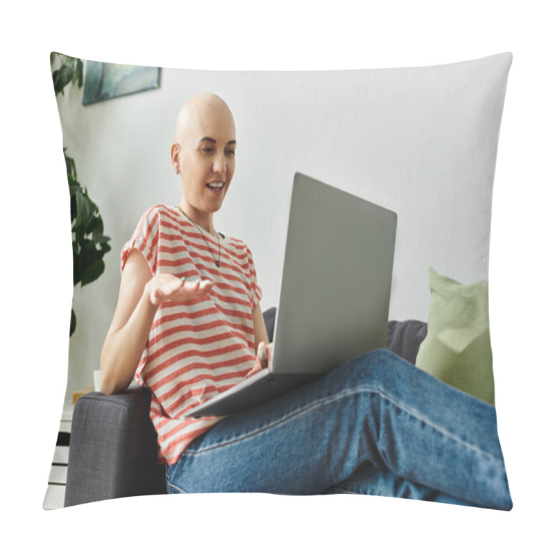 Personality  A Cheerful Bald Woman Chats Animatedly On Her Laptop, Capturing The Joy Of Connection. Pillow Covers