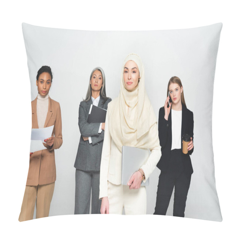 Personality  Attractive Multicultural Businesswomen Near Arabian Woman With Laptop Isolated On White  Pillow Covers