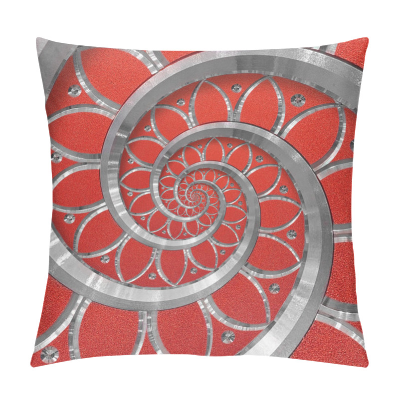 Personality  Red Abstract Round Spiral Background Pattern Fractal. Silver Metal Spiral Red Decorative Ornament Element. Metal Texture Repetitive Flower Background Spiral Fractal. Distorted Background Pattern. Metallic Ornament Decoration Twisted Pattern Pillow Covers