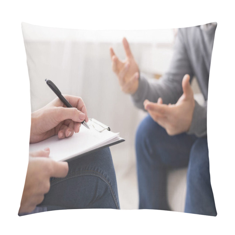 Personality  Psychotherapist Writing Notes, Giving Diagnosis To Emotional Man Pillow Covers