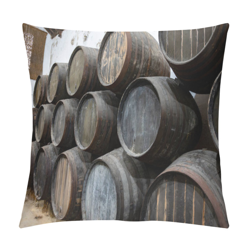 Personality  Solera Systems In Old Andalusian Wine Cellar, Process For Aging Sherry Wine In Barrels, Fino, Manzanilla, Olorosso, Amontillado Jerez Fortified Wine, Sanlucar De Barrameda, Cadiz, Andalusia, Spain Pillow Covers