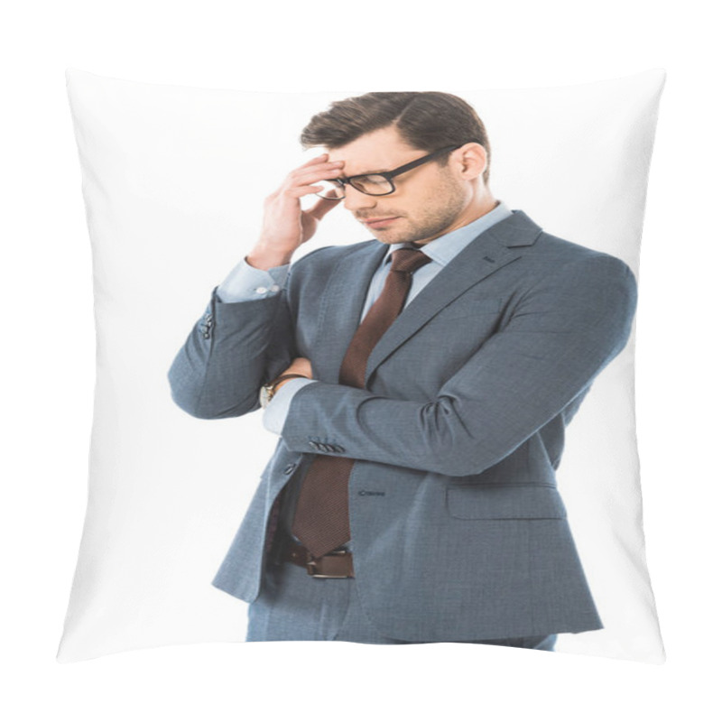 Personality  Tired Thoughtful Businessman In Suit Touching Head Isolated On White  Pillow Covers