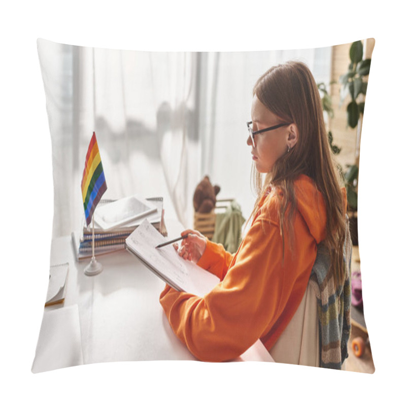 Personality  Pensive Teenage Girl In Glasses Drawing A Sketch, Immersed In Creative Process Near Pride Flag Pillow Covers