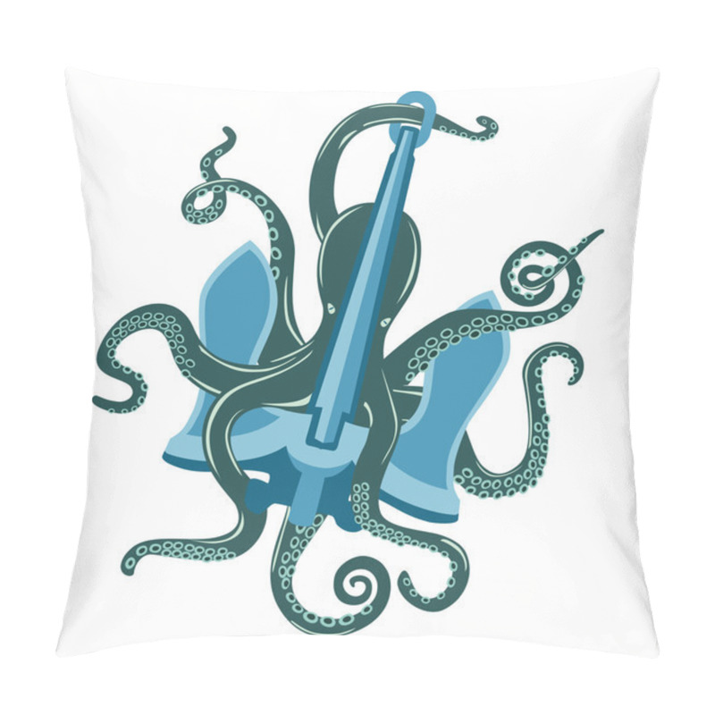 Personality  Blue Cartoon Octopus With Suction Cups And Curvy Arms Around Ocean Anchor. Underwater Mollusk And Spineless Cuttlefish, Sea Cephalopod And Nautical Squid With Feeding Tentacles. For Tattoo Theme Pillow Covers