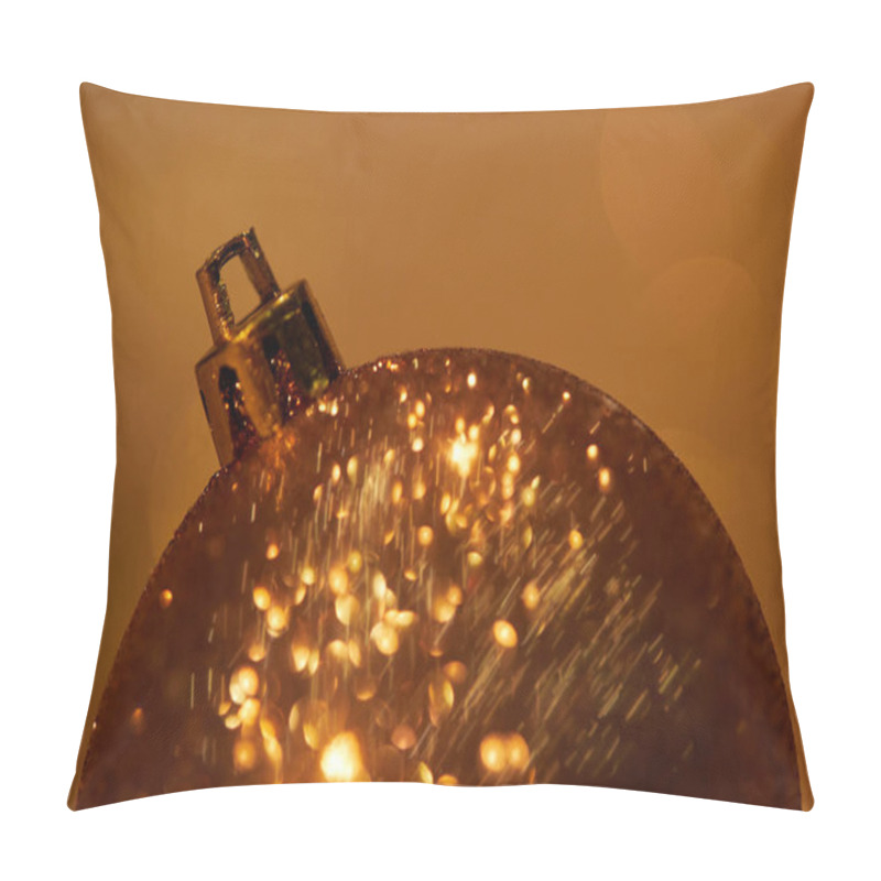 Personality  Close Up Of Golden Glittering Christmas Ball For Decoration Isolated On Brown Pillow Covers