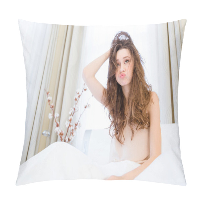 Personality  Funny Sleepy Woman With Tousled Hair Sitting On Bed  Pillow Covers