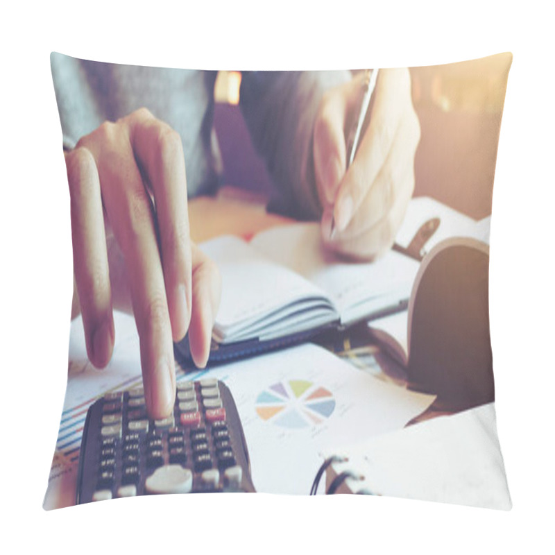 Personality  Close Up Hand Man Doing Finance And Calculate On Desk About Cost At Home Office. Pillow Covers