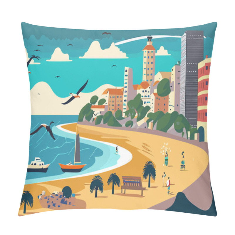 Personality  Beach View Of Old City Houses Vector Illustration On A Flat Cartoon Style Landscape Background Pillow Covers