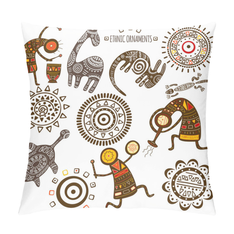 Personality  Collection Of Patterns And African Ethnic Ornaments With Animals And Dancing Musicians Of Yellow, Orange, Black And Red Color. Isolated On White Background. EPS8 Pillow Covers