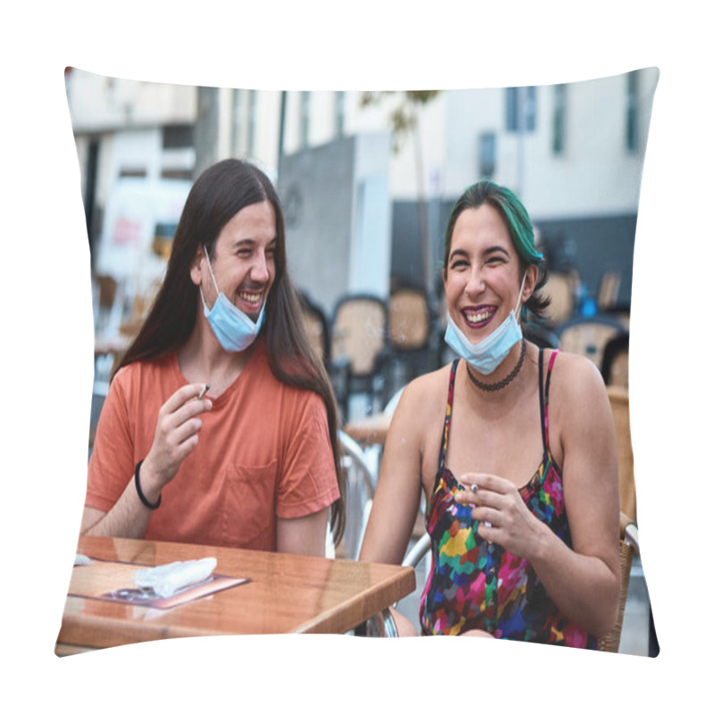 Personality  A Young Couple Smoking A Cigarette With A Mask On A Bar Terrace. Concept Pandemic Pillow Covers