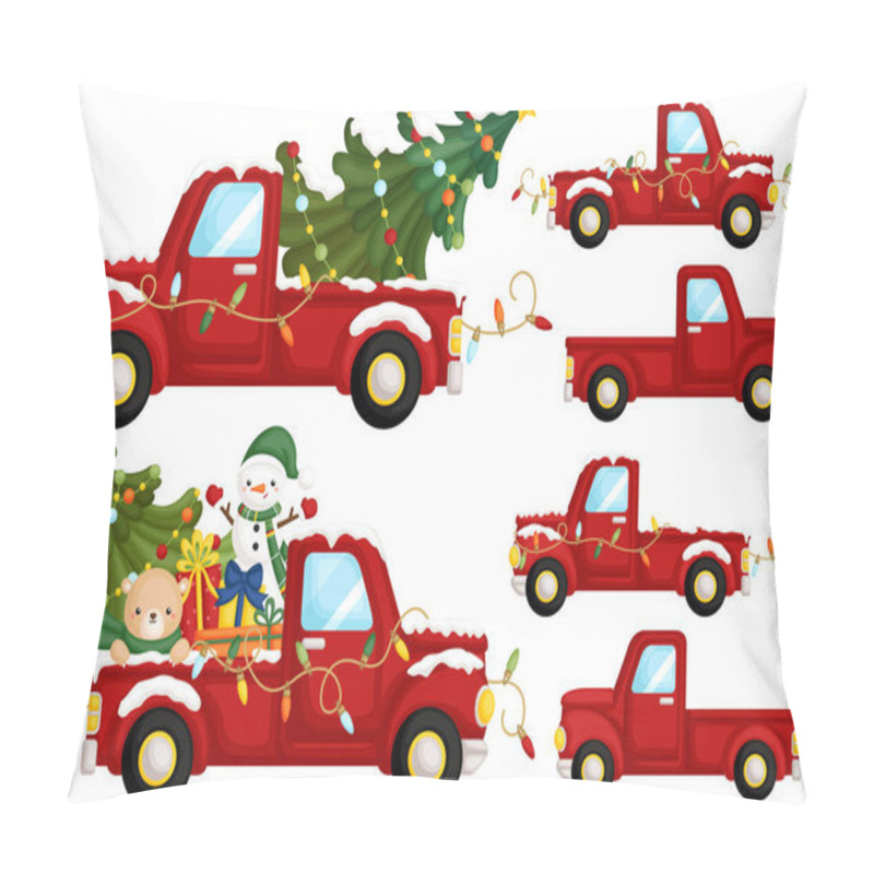 Personality  A Vector Set Of Cute Red Christmas Truck From Side With Lots Of Christmas Decoration Pillow Covers