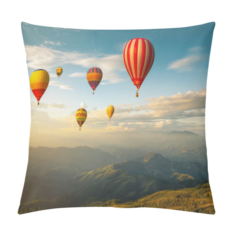 Personality  Colorful Hot Air Balloons Flying Over Mountain At Sunset. Adventure In Summer Vacation. Pillow Covers