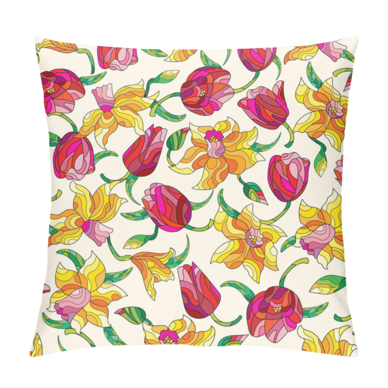 Personality  Seamless Background With Spring Flowers In Stained Glass Style, Flowers, Buds And Leaves Of Daffodils And Tulips On A Light Background Pillow Covers