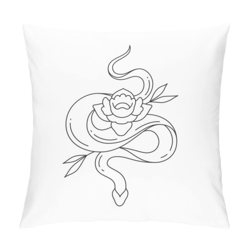 Personality  Y2k Snake With Lily Flower Mystery Gothic Tattoo Outline Black Icon Vector Illustration. Elegant Poison Reptile Viper Cobra With Blossom Floral Leaves Psychedelic Romantic Monochrome Art Emblem Pillow Covers