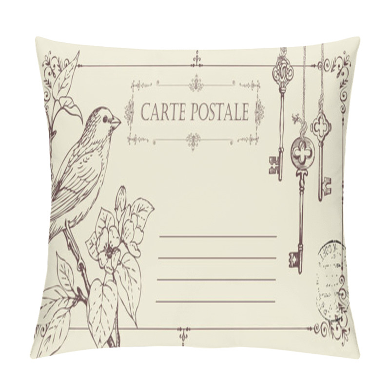 Personality  Retro Postcard With A Bird On A Flowering Tree Pillow Covers