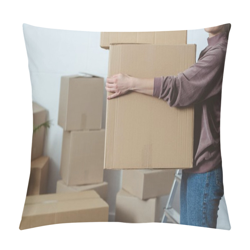 Personality  Cropped Shot Of Woman Holding Cardboard Boxes While Moving Home Pillow Covers