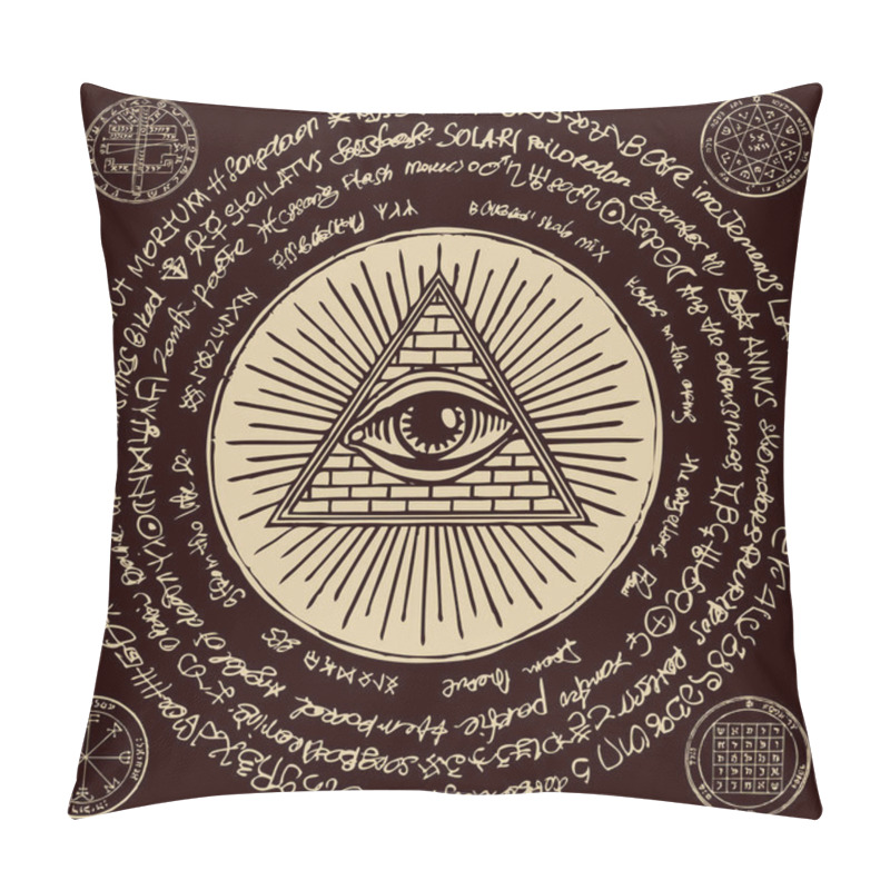 Personality  Vector Banner With Eye Of Providence. All-seeing Eye Inside Triangle Pyramid. Symbol Omniscience. Luminous Delta. Ancient Mystical Sacral Illuminati Symbol With Magical Inscriptions On Black Backdrop Pillow Covers