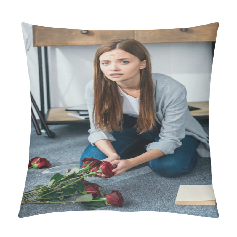 Personality  Attractive And Sad Woman Holding Flowers In Robbed Apartment  Pillow Covers