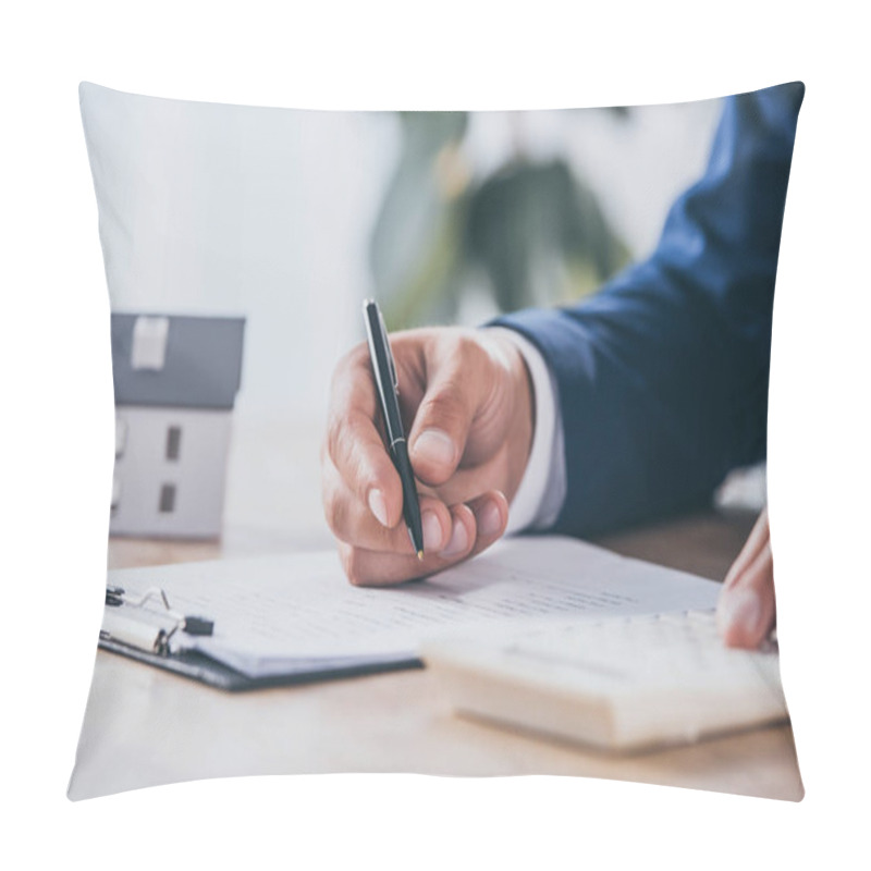 Personality  Cropped View Of Businessman Using Calculator And Writing In Contract Near House Model Pillow Covers