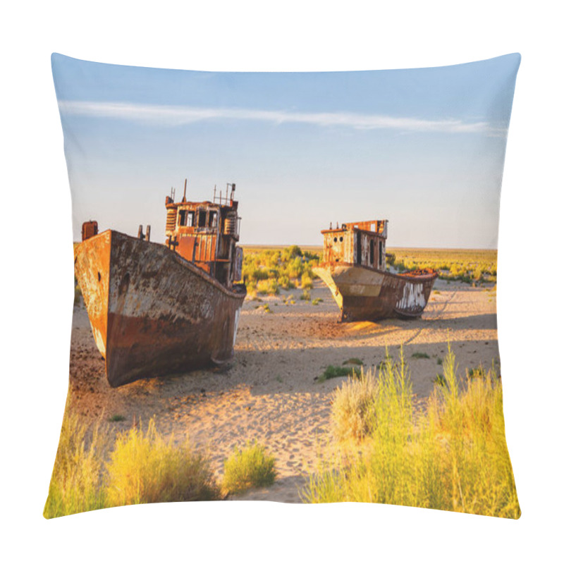 Personality  Rustic Boats On A Ship Graveyards On A Desert Around Moynaq, Muynak Or Moynoq - Aral Sea Or Aral Lake - Uzbekistan, Central Asia. Pillow Covers