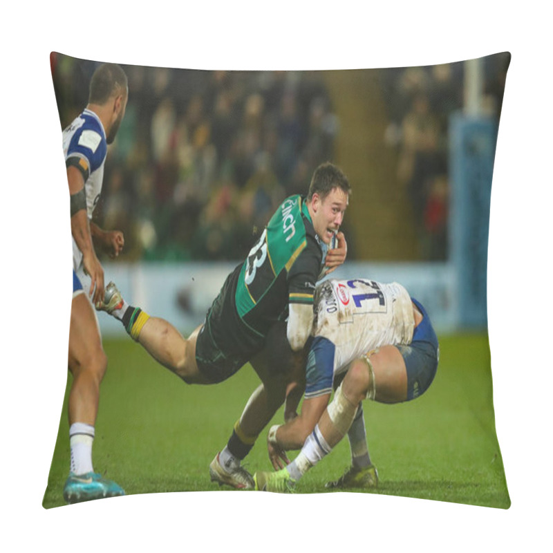 Personality  Ollie Sleightholme Of Northampton Saints Is Tackled By Max Ojomoh Of Bath Rugby During The Gallagher Premiership Match Northampton Saints Vs Bath Rugby At Cinch Stadium At Franklin's Gardens, Northampton, United Kingdom, 5th January 2025 Pillow Covers