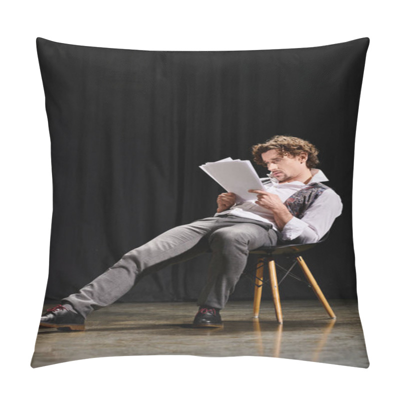 Personality  A Man Engrossed In Reading A Script While Seated In A Chair. Pillow Covers