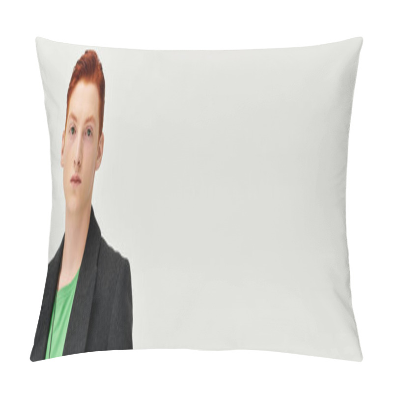 Personality  A Young Man With Vibrant Red Hair Effortlessly Captures Attention In His Elegant Winter Coat. Pillow Covers