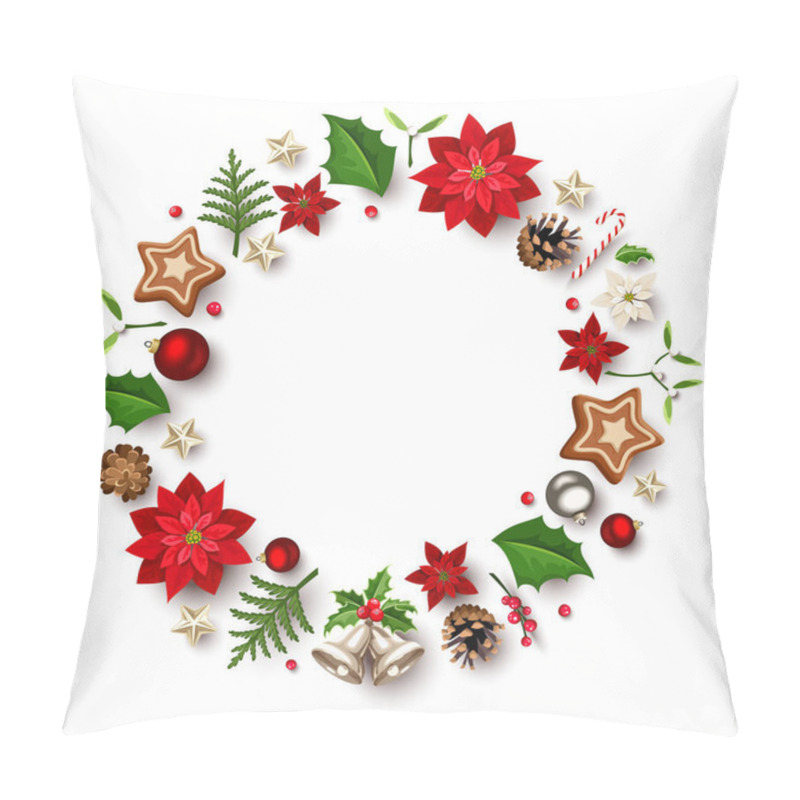 Personality  Vector Christmas Wreath With Poinsettia Flowers, Christmas Balls, Bells, Holly, Mistletoe, Fir Branches, Pine Cones, Stars, And Gingerbread Cookies On A White Background. Greeting Or Invitation Card. Pillow Covers