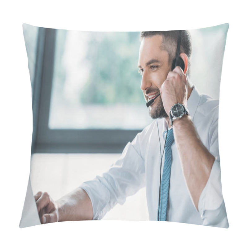 Personality  Smiling Adult Support Hotline Worker With Laptop At Workplace Pillow Covers