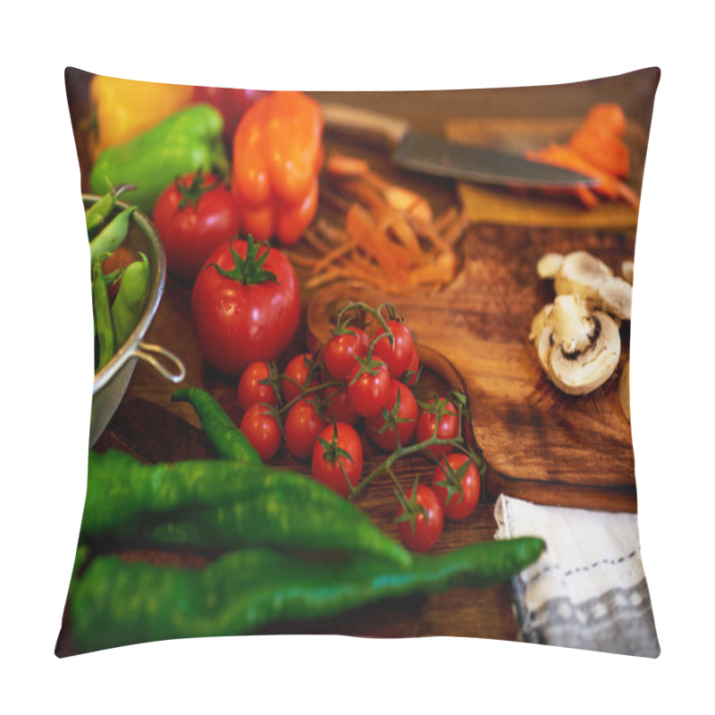 Personality  Tomatoes, Red Peppers, Chili Pepper Lie On A Chopping Board, A Knife Lying Nearby, In An Aluminum Bowl Are Just Washed Peas Pillow Covers