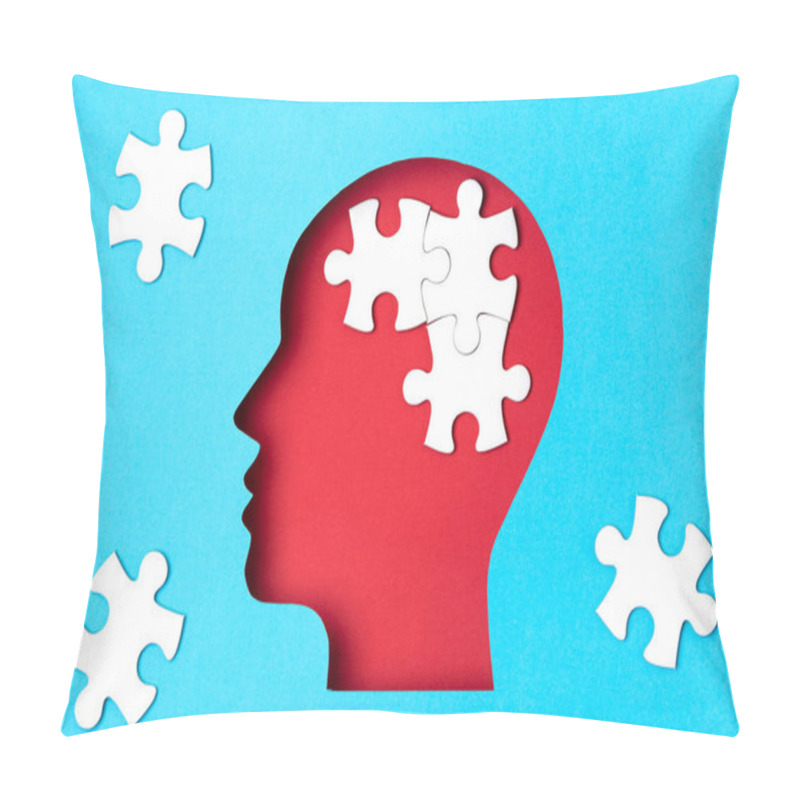 Personality  Papercut Head With Jigsaw Puzzle Pieces Inside. Mental Health Problems, Psychology, Memory, Logic, Thinking Process, Solution, Mental Illness Concept Pillow Covers