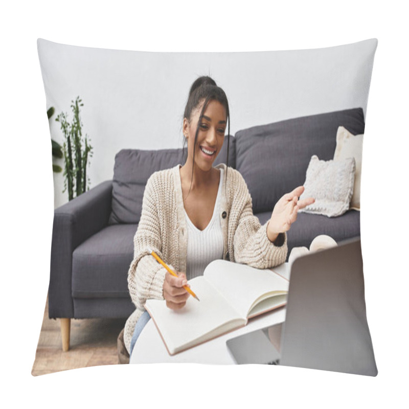 Personality  A Youthful Woman Engages In Remote Studying From Her Comfortable Home Environment. Pillow Covers